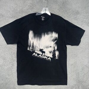 Del Sol Alaska Northern Lights T Shirt Men Sz L Black Moose Stars Trees 2012 Tee
